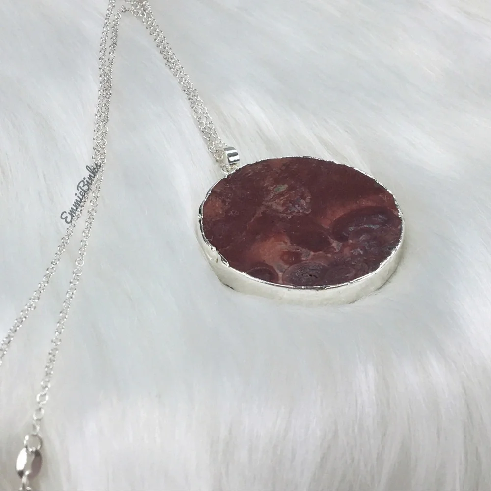 New 925 Sterling Silver Red Mexican Happy Lace Agate Slice Pendant Necklace - Picture 11 of 14